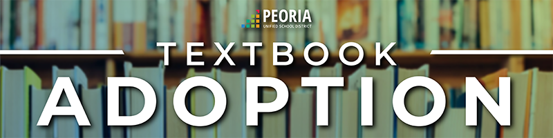 books on shelves with text Peoria Unified Textbook Adoption
