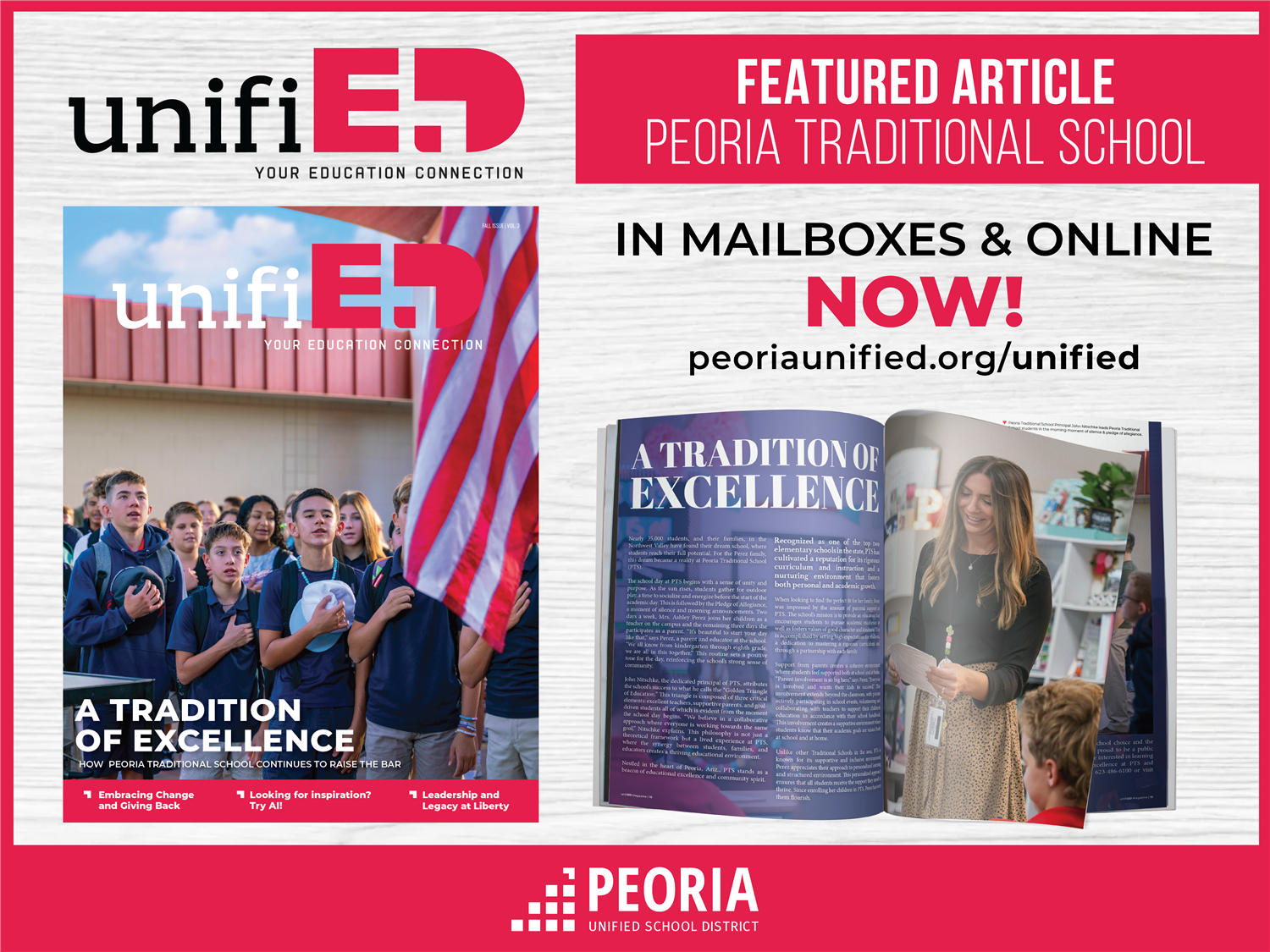  An image of the unifiED magazine open to the Peoria Traditional article.