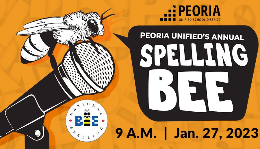  Graphic of bee on a microphone with text: 2023 Peoria Unified District Spelling Bee.