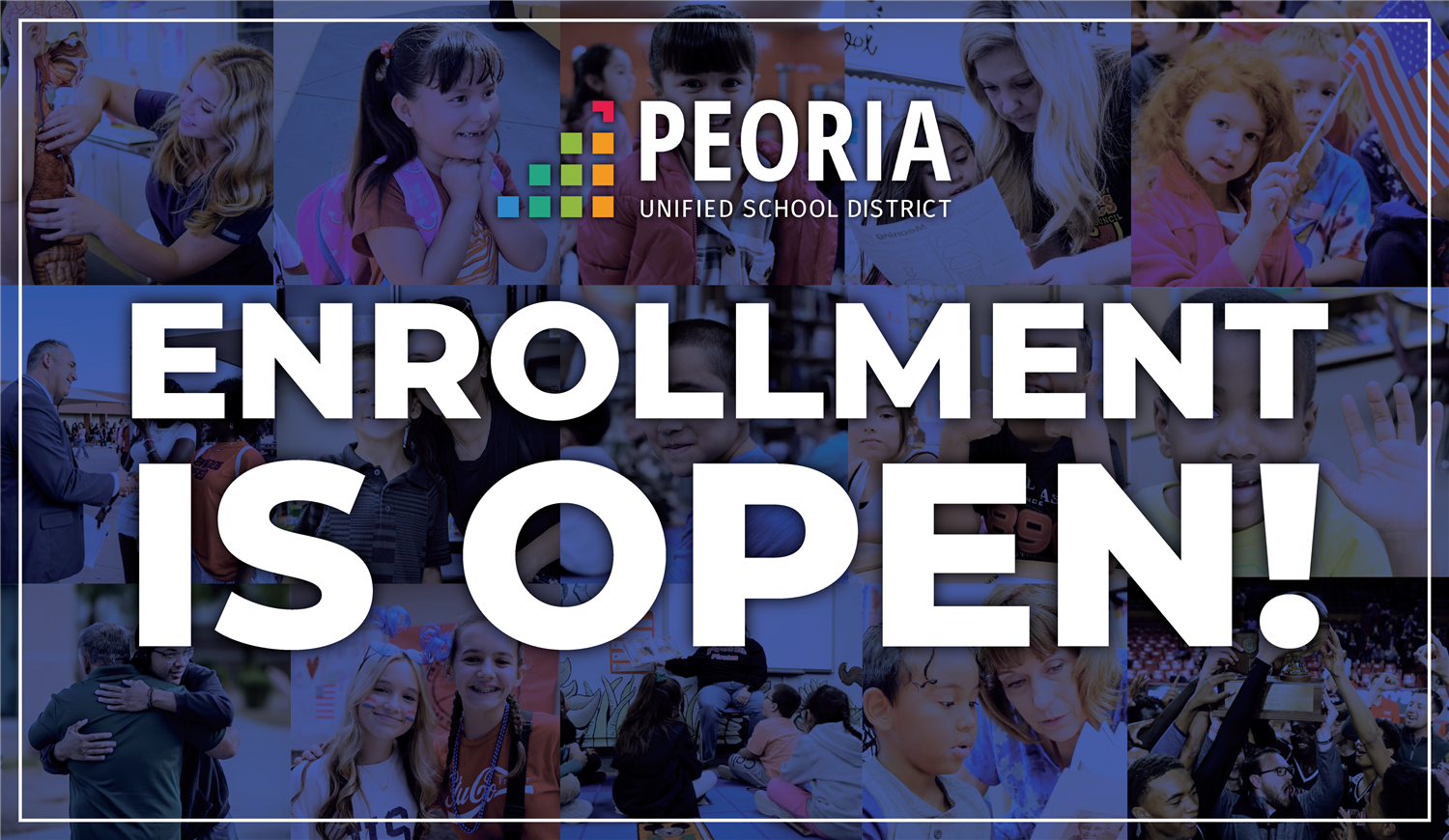 Graphic with photos of students in classrooms. Text: Enrollment is now Open